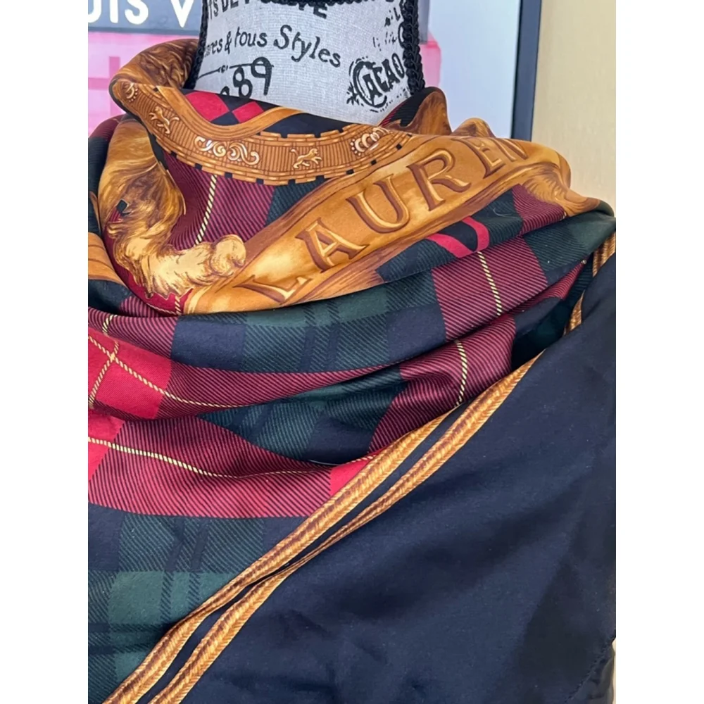 Ralph Lauren vintage silk tartan pattern and a crest emblem scarf 40X40